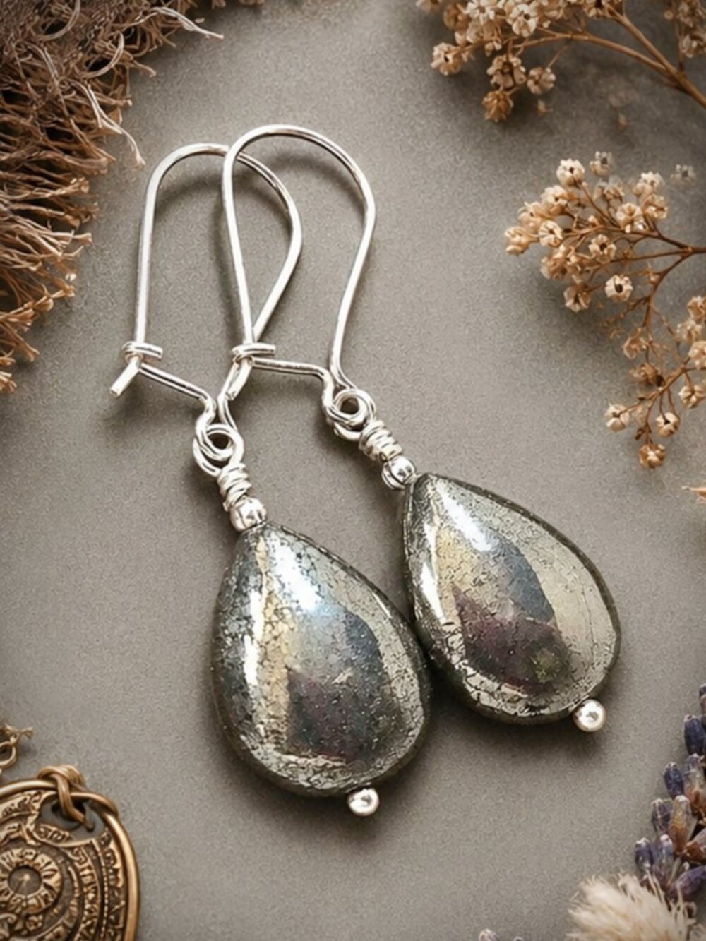 Pyrite Teardrop Earrings 925 Sterling Silver Genuine Gemstone Jewelry